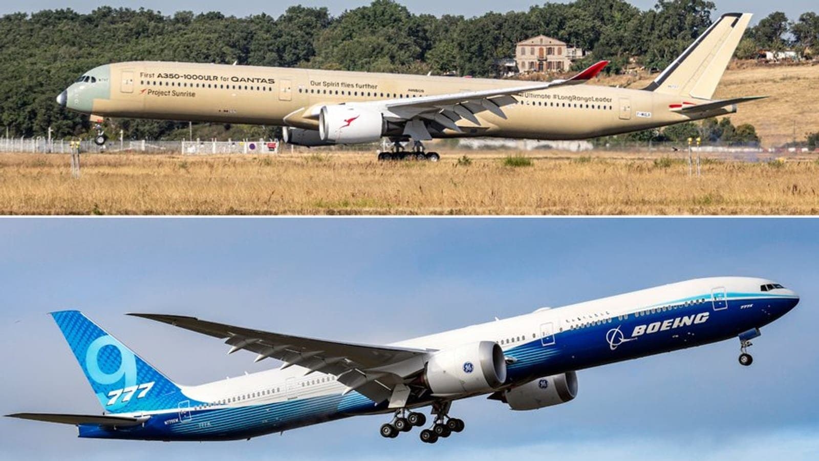 Un Airbus A350-1000ULR aux couleurs Project Sunrise de Qantas sur une piste, au-dessus d'un Boeing 777X aux couleurs de Boeing en montee apres decollage.