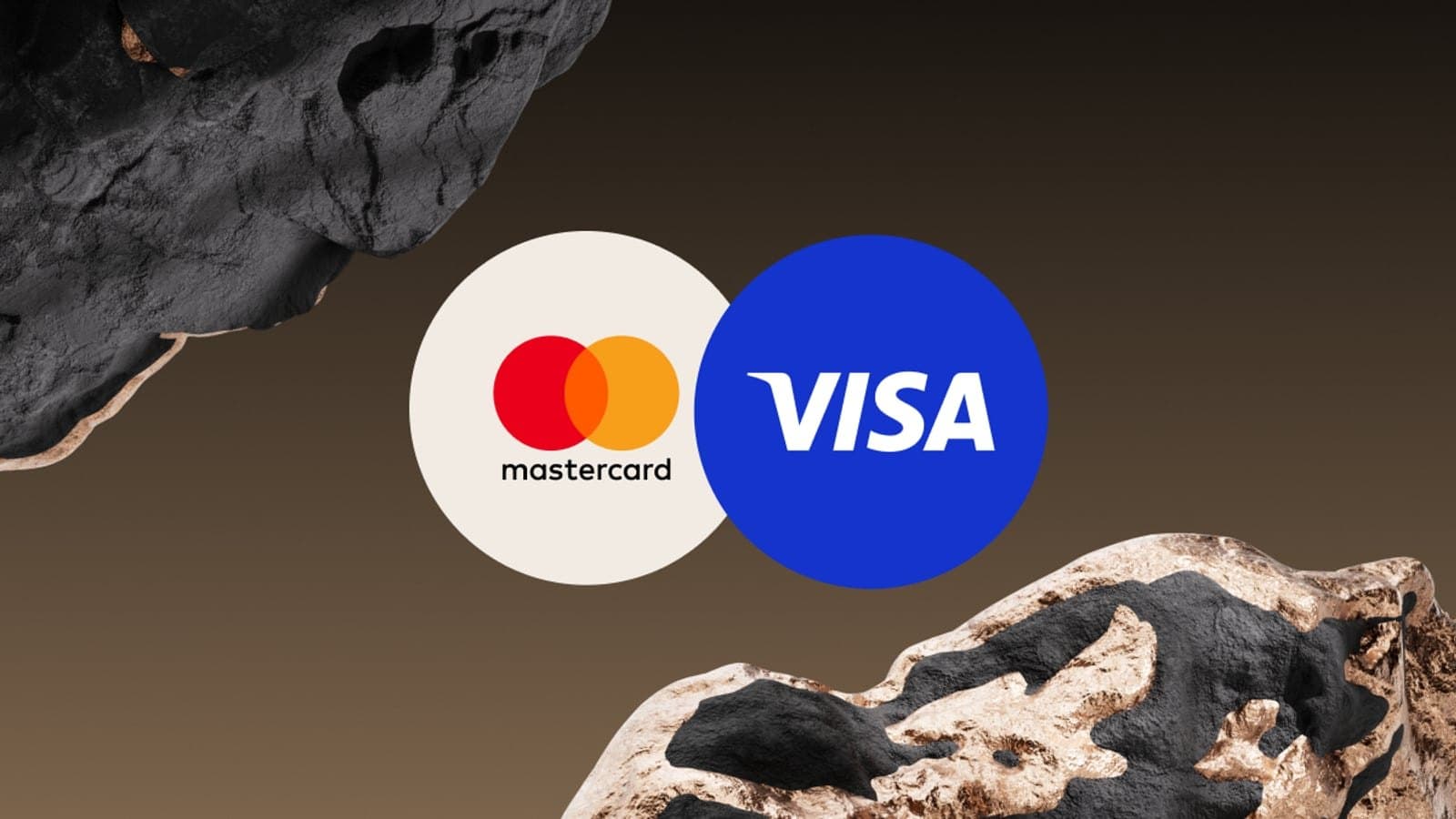 The Mastercard and Visa logos side by side on a dark graphic background.