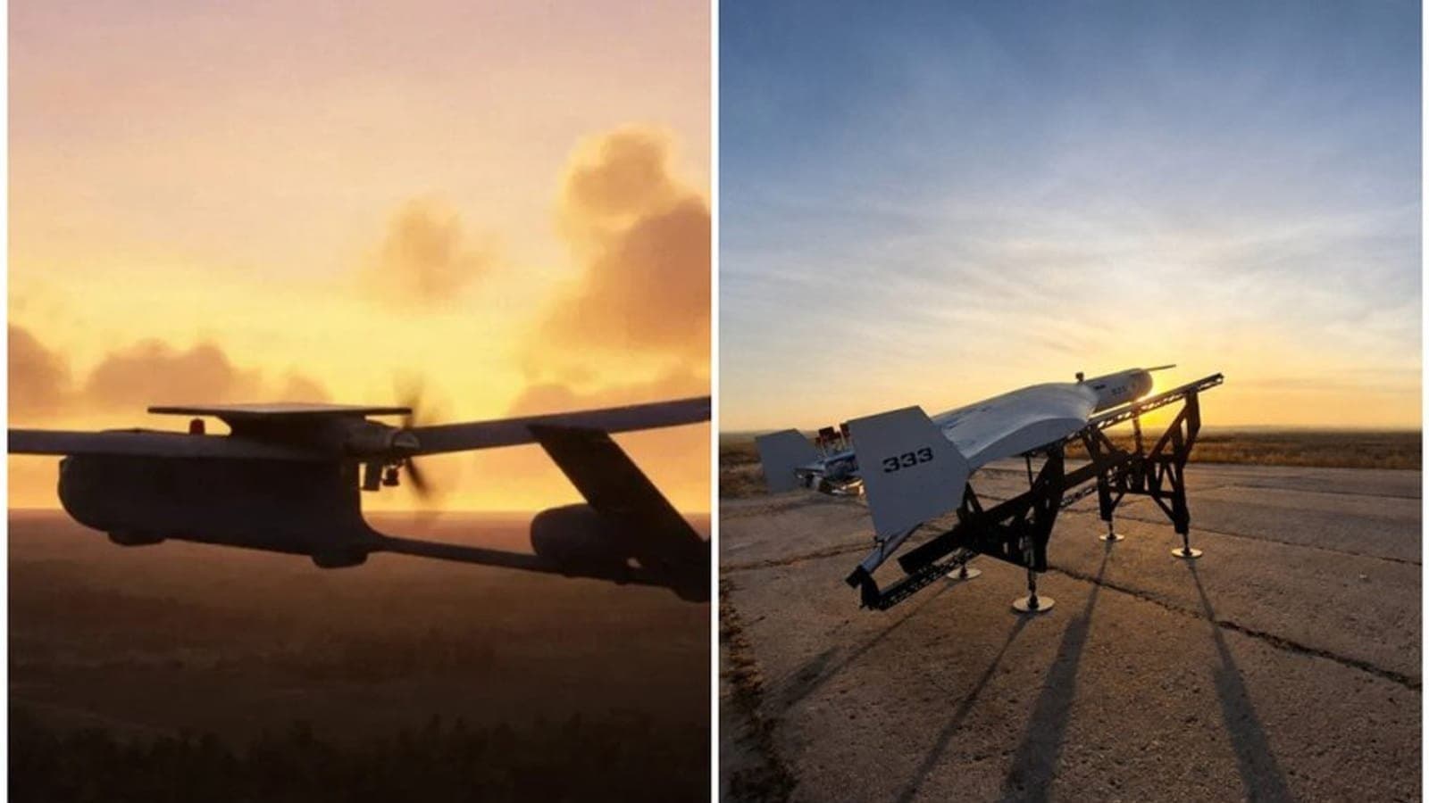 Deux vues d'un drone de frappe a voilure fixe longue portee, en vol au crepuscule et sur sa rampe de lancement.