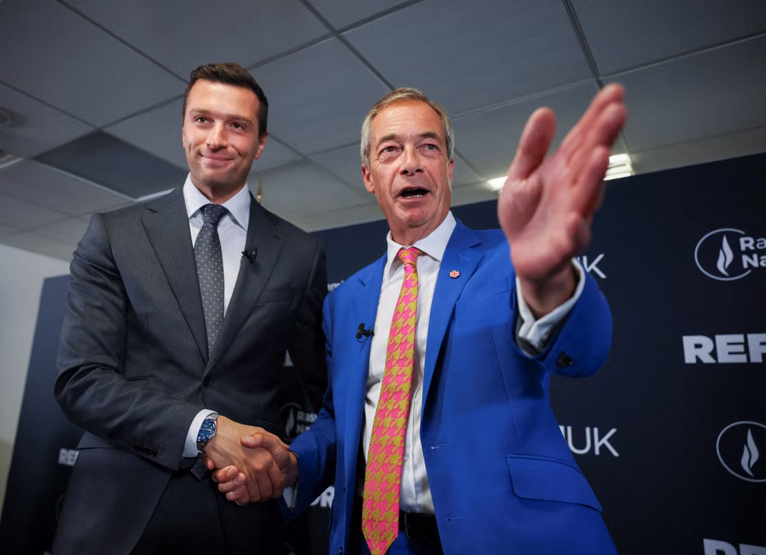 Jordan Bardella et Nigel Farage lors du congres de Reform UK a Birmingham
