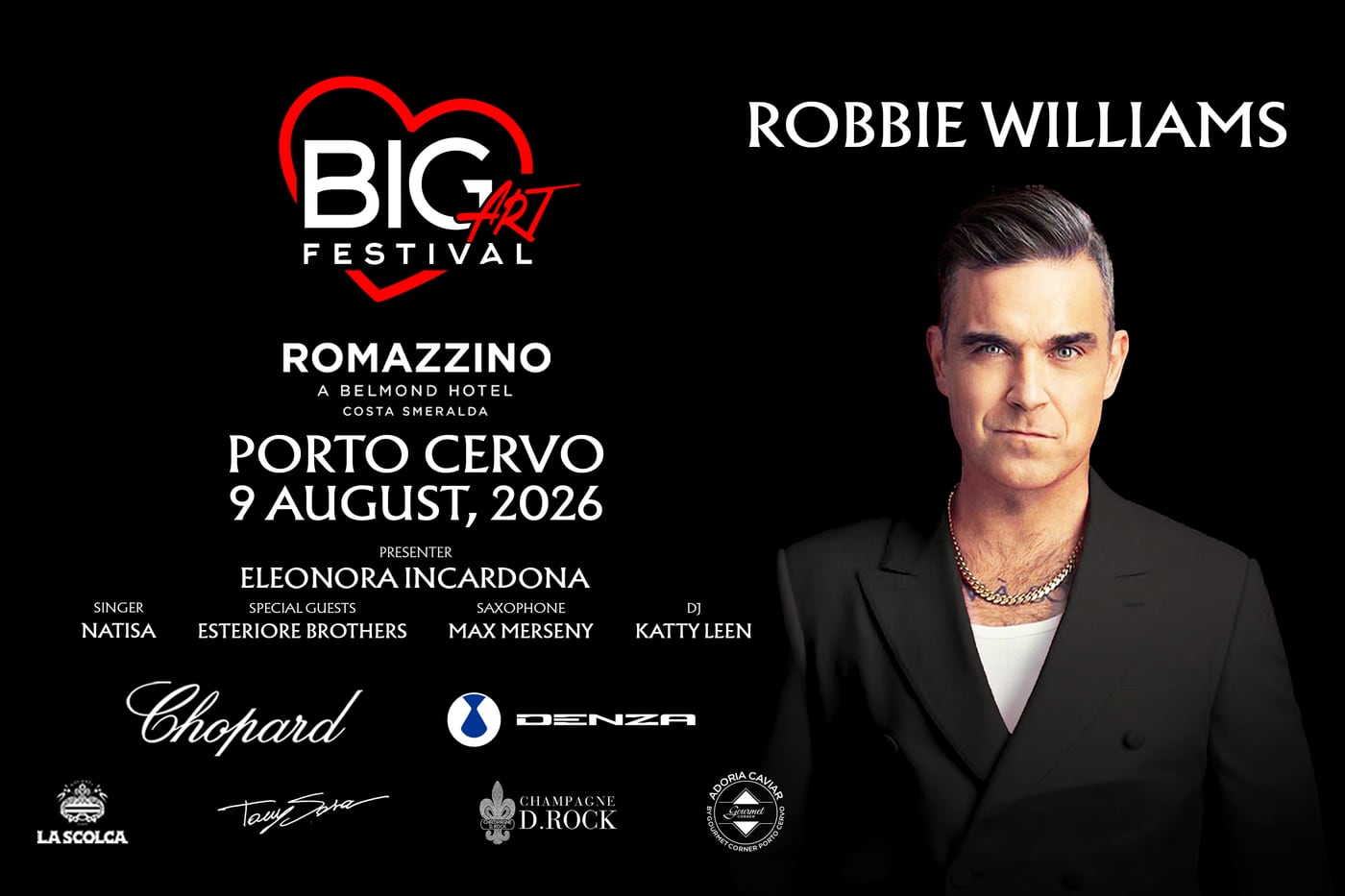 Affiche de Big Art Festival pour l'édition de Porto Cervo du 9 août 2026, avec Robbie Williams en tête d'affiche au Romazzino, A Belmond Hotel.